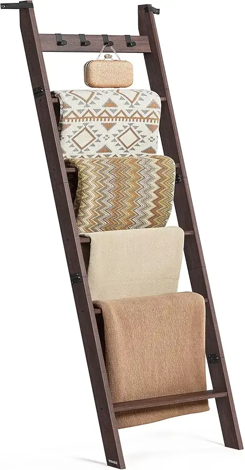 Blanket Ladder Shelf, 6-Tier Ladder Rack for Storage and Decor with 4 Removable Hooks, Decorative Farmhouse for The Living Room, Maroon Brown ULLS038K01