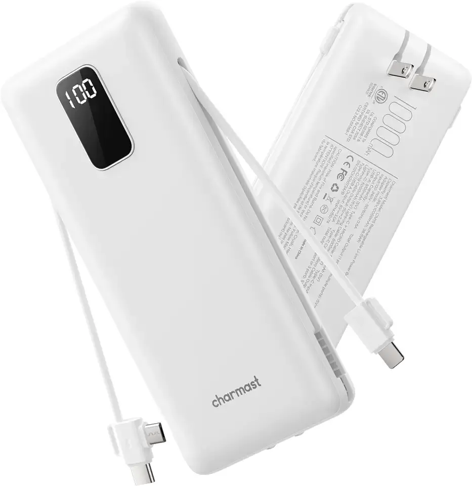 charmast 10000mAh Portable Charger with Built-in Cables and AC Wall Plug