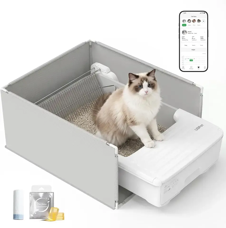 UBPET Open-Top Automatic Cat Litter Box, Self Cleaning Litter Box for Multiple Cats, Weight Sensors Safety Protection, Smart APP Control, Odor-Free, Works with Bentonite Mineral Litter, Off-White