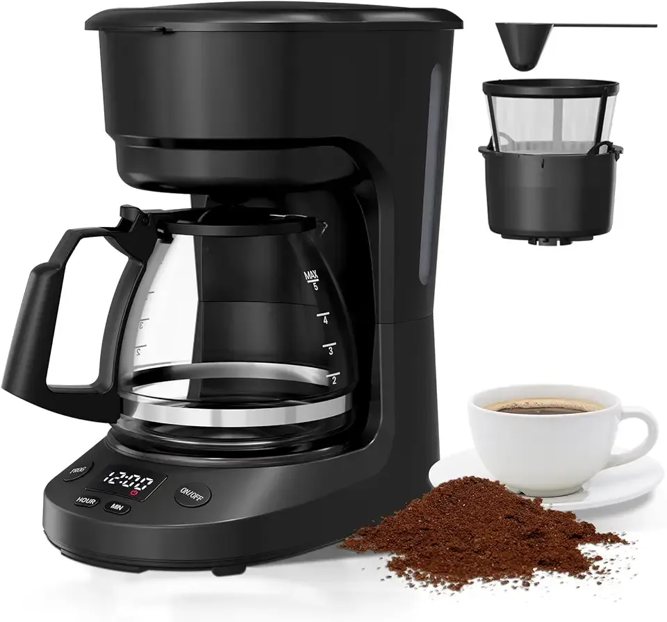 5-Cup Programmable Coffee Maker with 24h Timer, Small Drip Coffee Machine with Auto Shut-off, 2h Keep Warm, BPA-free Glass Carafe Coffee Pot, Delay Brew, 25oz Water Tank, Compact for Home/RV/Dorm