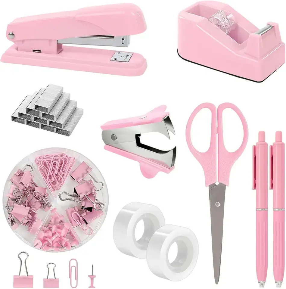 SKYDUE Pink Office Desk Accessories, Pink Office Supplies, Stapler, Tape Dispenser, Scissors, Clips and 1000pcs Staples,Office Supplies for Desk for Women