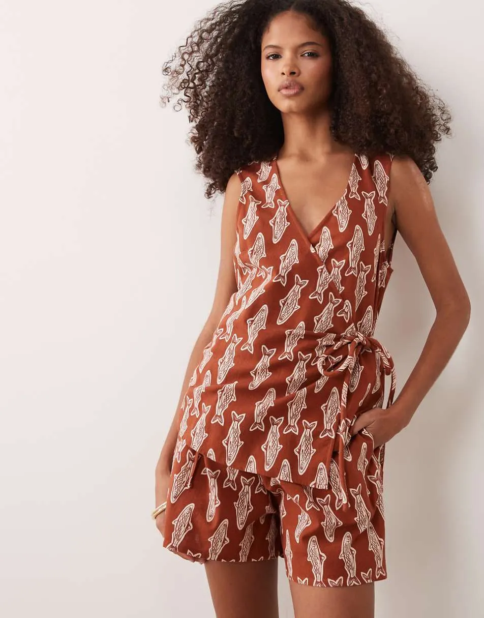 ASOS DESIGN wrap front playsuit in brown sardine print