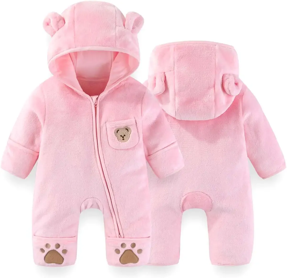 Fairy Baby Newborn Baby Bear Outfit With Fold-Over Mittens Footies Thin Fleece Romper Hooded Jumpsuit Winter Coat Girls Boys