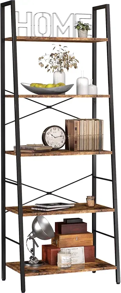Ladder Bookshelf, BooksShelf Ladder Shelf, 5-Tier Bookcase for Bedroom, Industrial Book Shelves Storage Rack with Metal Frame for Home Office, Rustic Brown