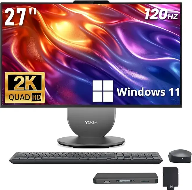 Lenovo Yoga All-in-One Desktop AI PC, 27" QHD IPS+120Hz Display, Intel Ultra 7 255H, 16GB LPDDR5X, 1.5TB Storage(512GB SSD+1TB Docking Station), Intel Arc GPU, Wi-Fi 7, Wireless Charging, Win 11, Gray