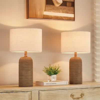 Sana 24-in Distressed Brown LED Touch Table Lamp with Linen Shade 2 -Set