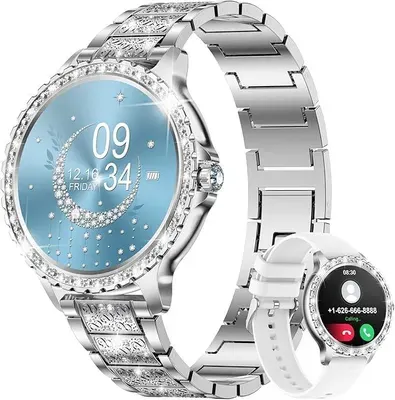 Elegante Smartwatch Damen mit Telefonfunktion 2026 Silber rund mit Blutdruckmessung für Android und Apple Geräte wasserdicht mit Armbandwechsel