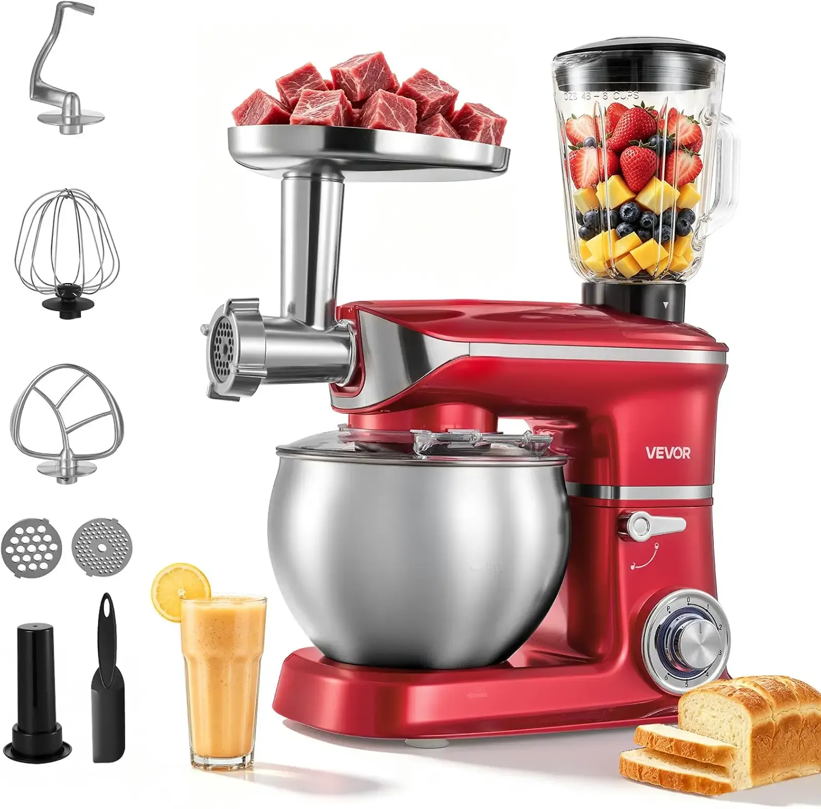 VEVOR 6.3 Qt 3-in-1 Tilt Head Stand Mixer 400W Electric Dough Mixer, Multifunctional Food Kitchen Mixer with Stainless Steel Bowl, Meat Grinder and Blender Attachments, Dough Hook, Whisk, Beater