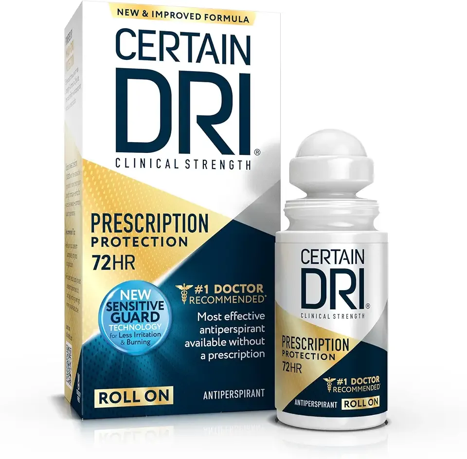 Certain Dri Prescription Strength Clinical Antiperspirant Roll-On for Hyperhidrosis, 72-Hour Sweat Protection, Fragrance-Free, Doctor-Recommended for Men & Women, 1.2 fl oz (Pack of 1)