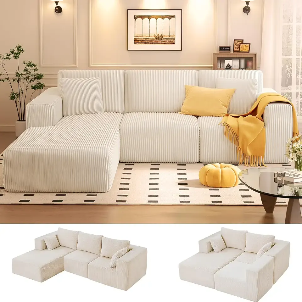 KINGYES 107'' Modular Sectional Sofa, L Shaped Cloud Couch for Living Room, Modern Boneless Sofa with Chaise for Bedroom, Beige