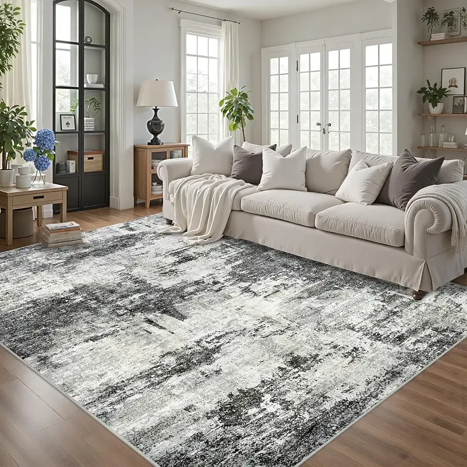 8x10 Area Rugs for Living Room: Abstract Washable Rug with Anti-Slip Backing Non-Shedding Stain-Resistant Soft Modern Large Carpet for Bedroom Dining Room Farmhouse Nursery Home Office Black