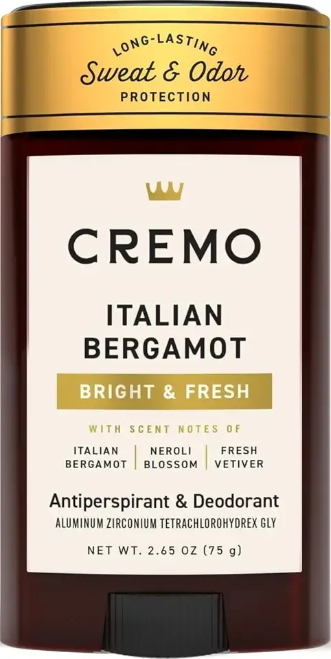 Cremo Deodorant & Antiperspirant for Men, Italian Bergamot, 2.65 oz | 48 hour odor protection, Reduces sweat, Bright fresh fragrance, Glides smooth on skin, Non-greasy formula