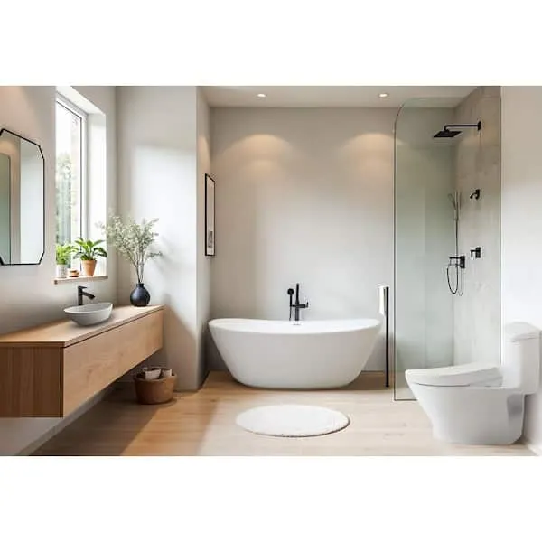 Vail 65 in.​ Bathtub, Arc 22 in.​ Vessel Sink, S7A Bidet Seat, and Nexus Toilet Combo (Cotton White)​