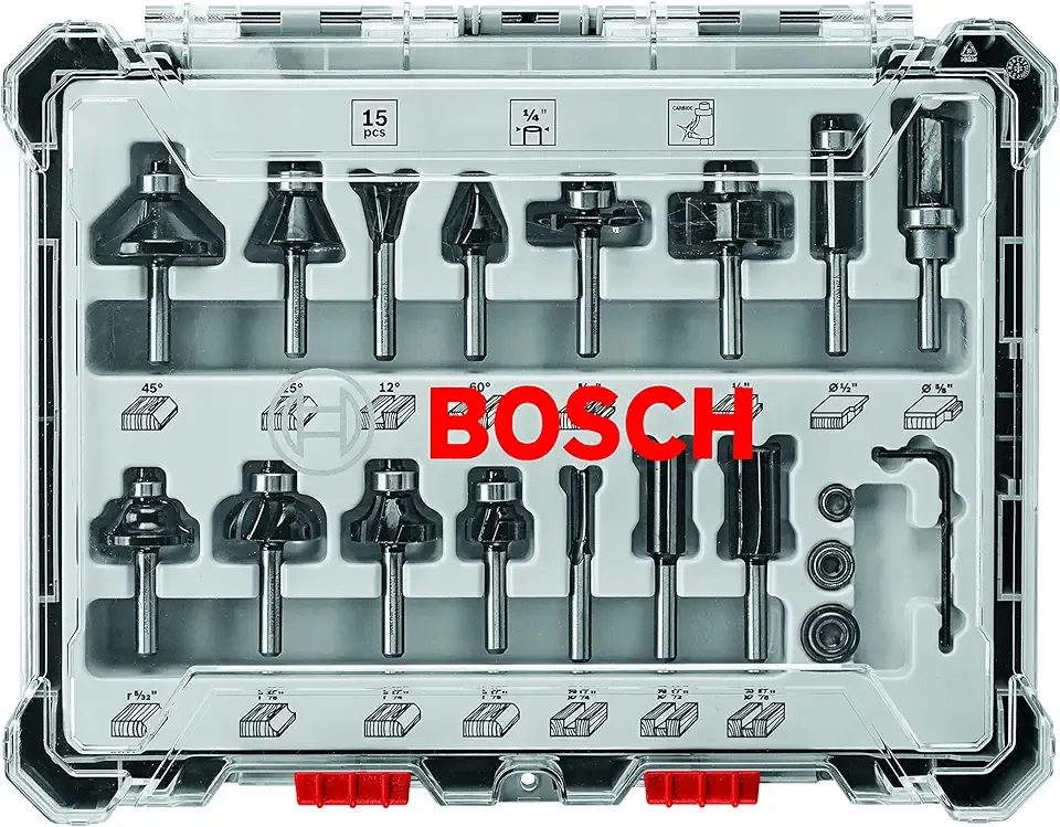 BOSCH RBS015MBS 15-Piece (Universally Compatible Accessory) Carbide-Tipped Wood Router Bit Assorted Set