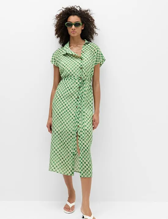 Gingham Funnel Neck Midi Shirt Dress