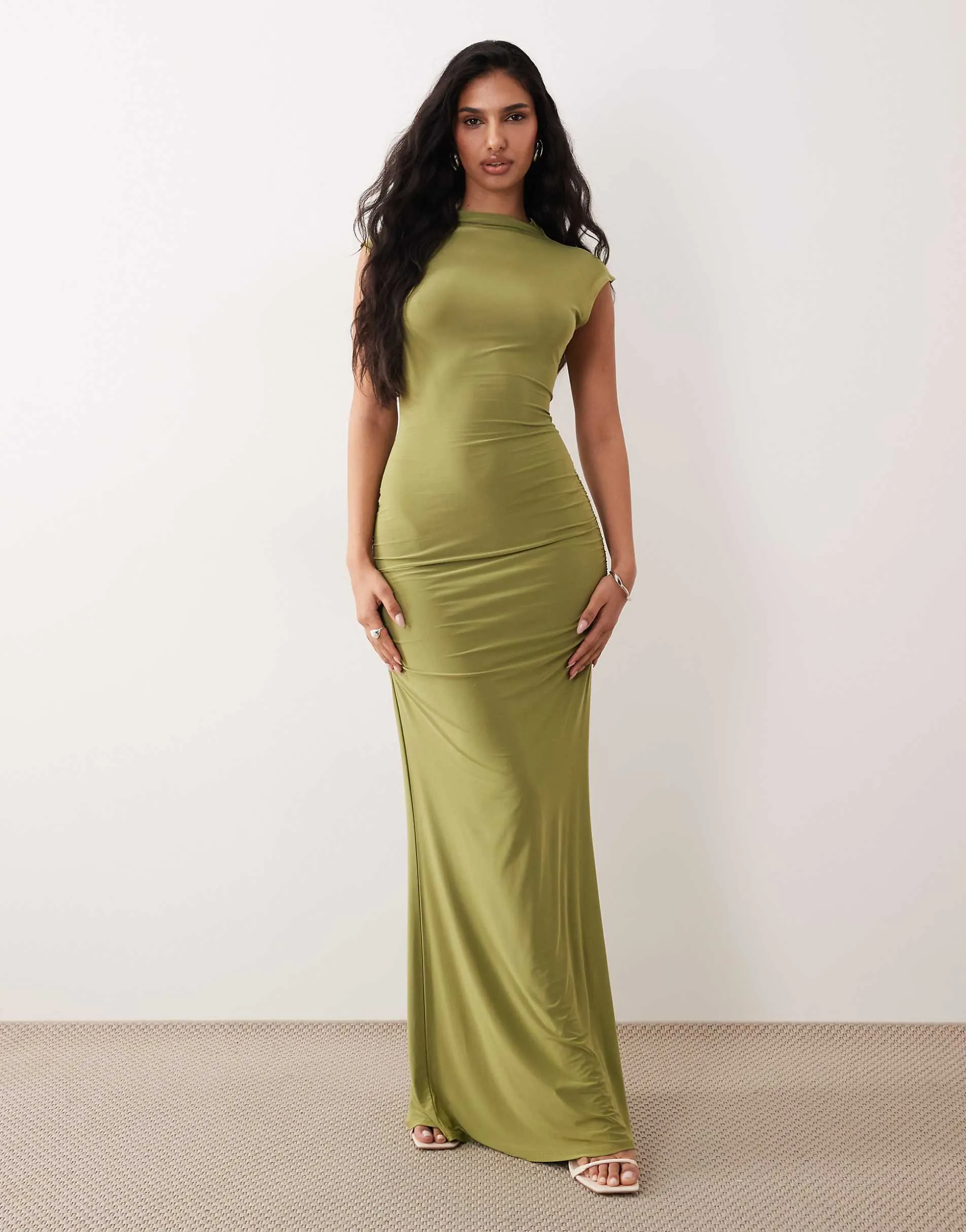 ASOS DESIGN cap sleeve maxi dress with lace up detail and ruching in olive green