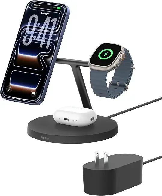 Belkin Qi2 15W Wireless Charging Station, 3 in 1 iPhone Charger | Fast Charging, MagSafe Compatible, iPhone 17/16/15, Apple Watch, AirPods, Travel Charger, Magnetic
