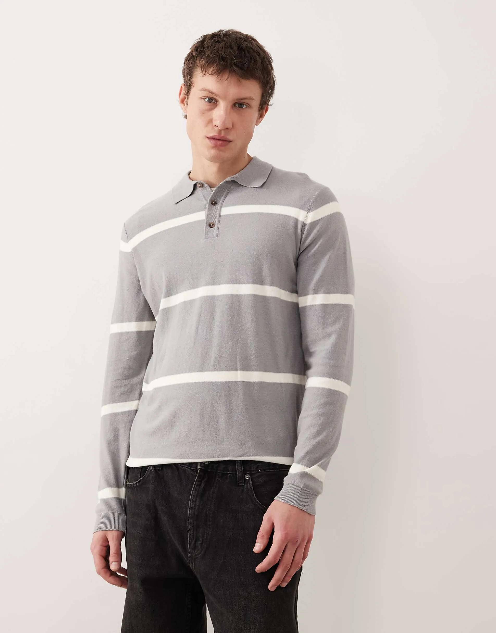 ASOS DESIGN knitted long sleeve polo shirt in grey and ecru stripe