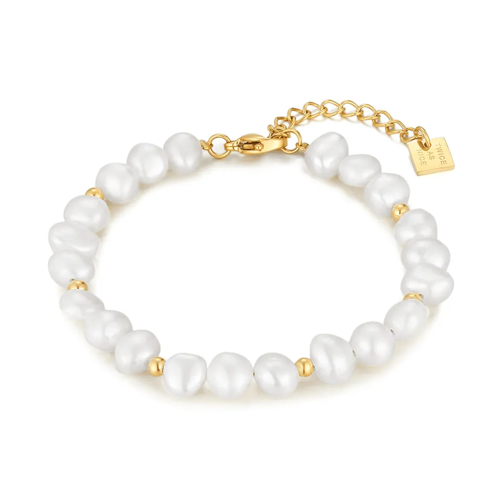 Armband in goudkleurig edelstaal, zoetwaterparels, verstelbaar