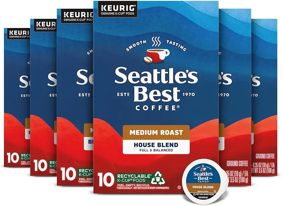 Seattle's Best Coffee House Blend Medium Roast K-Cup Pods | 6 boxes of 10 Pods (60 Total Pods)