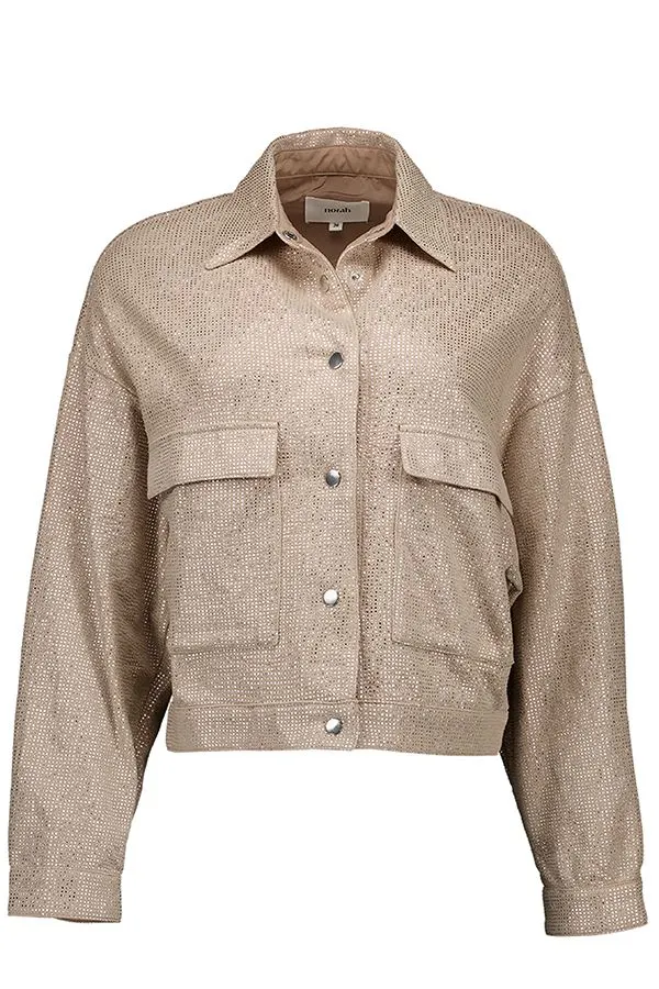 Zandkleurig jasje met zilverkleurige stippen