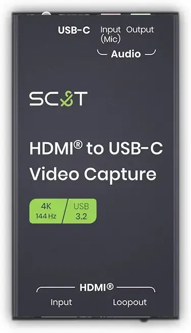 SC&T HUVC01-4K144 4K 144Hz HDMI to USB Capture Card, HDR10 VRR, 3840x2160, Low Latency, HDMI Loop-Out, Mic in & Audio Out, Plug and Play for OBS, PC Mac Linux