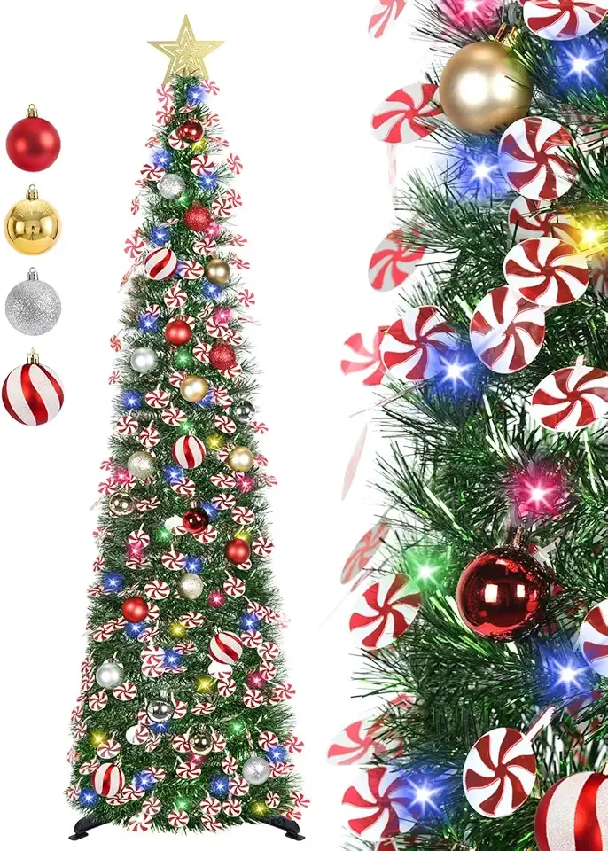 5 FT Pop Up Christmas Tree with Timer Lights and Decorations, Green Artificial Tinsel Christmas Tree with 24 Ball Ornaments, Collapsible Pencil Tree for Home, Office, Holiday Party