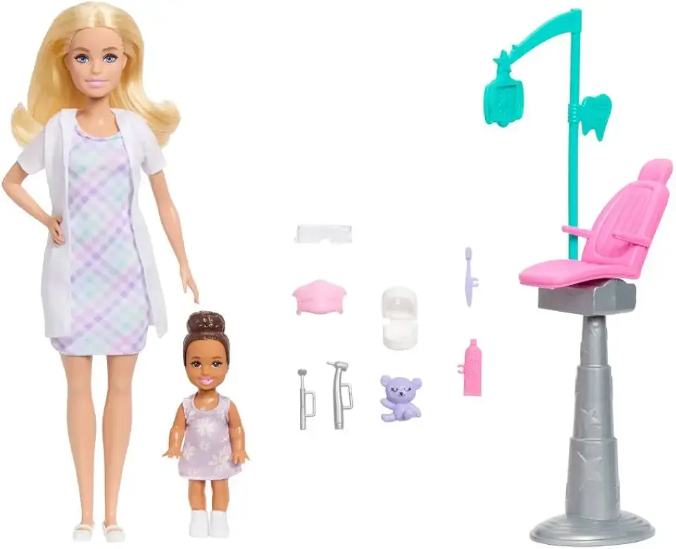 Careers Dentist Playset with Blonde Doll Wearing White Coat, Toddler Small Doll, Examination Chair & Accessories