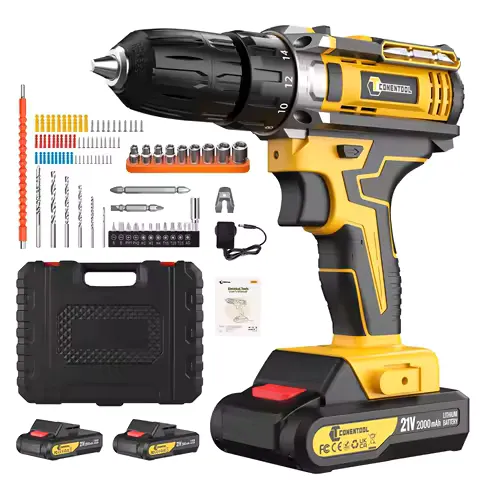 CONENTOOL 21V Cordless Drill Kit 45Nm High Torque Combi Drill Electric Screwdriver, 2 Batteries, Charger, Storage Case & 63PCS