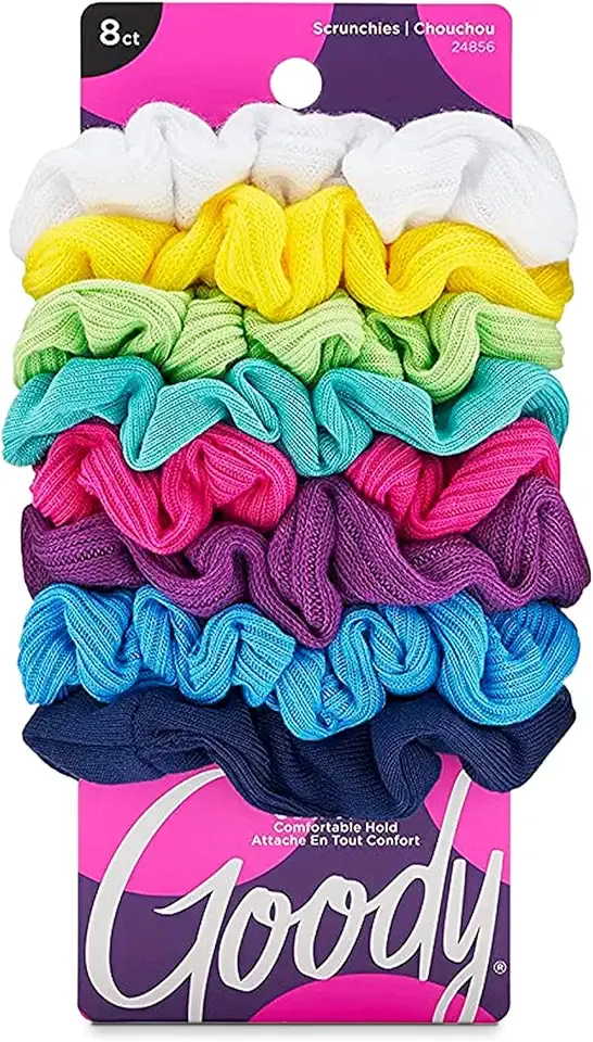 Goody Ouchless Jersey Scrunchies - 8 Ct, Assorted Neon Rainbow Tones, Damage-Free, Dentless & Secure Hold Hair Ties, Gentle Hair Accessories for Women & Men, All Day Comfort, All Hair Types