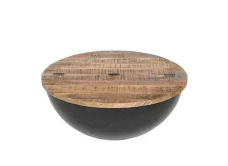 Salontafel Antz Ø90cm - mango massief - naturel & zwart met opbergruimte