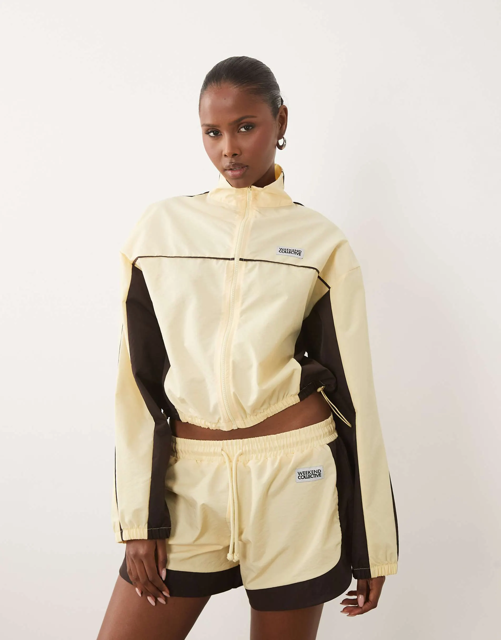 Weekend Collective co-ord track jacket in buttermilk and chocolate