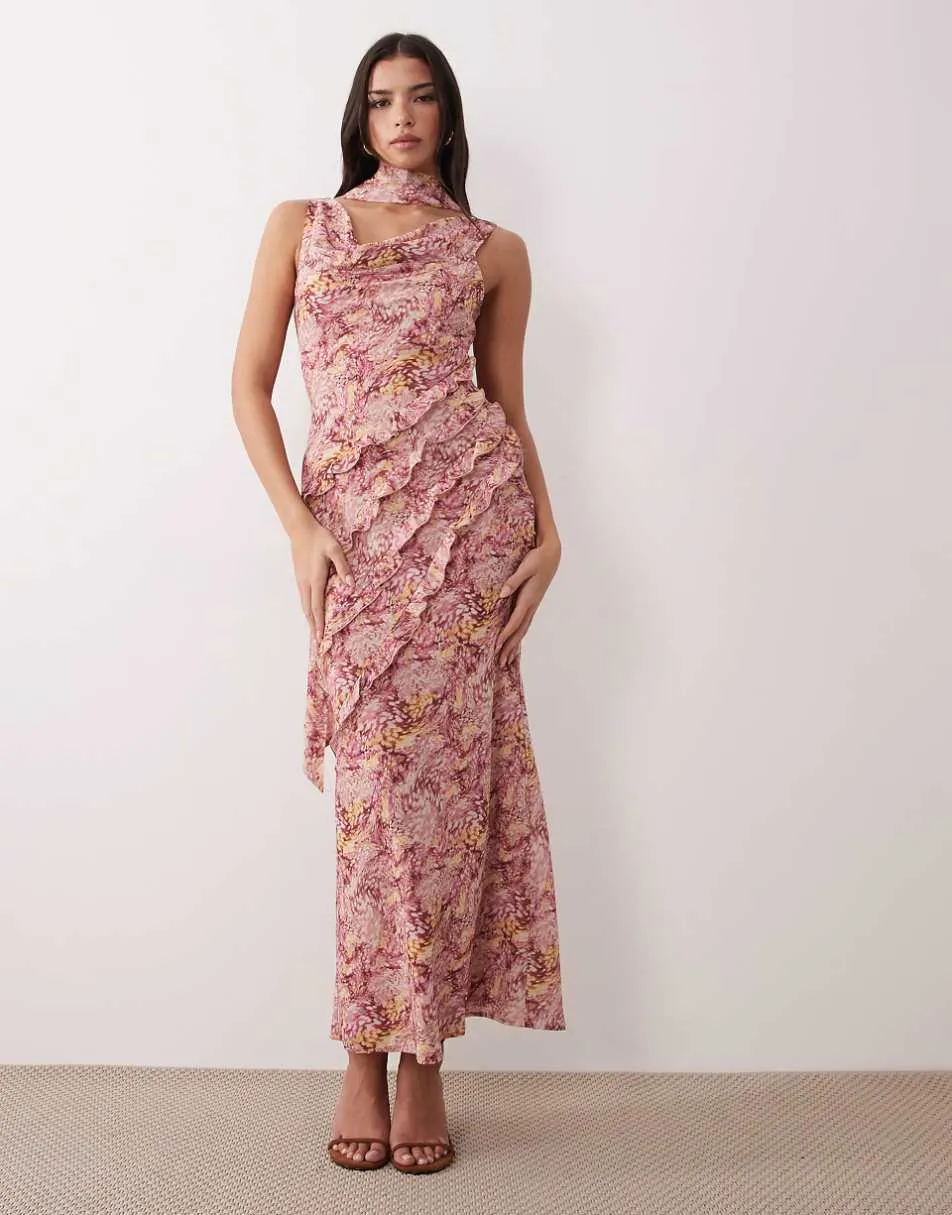 Pretty Lavish scarf ruffle split front maxi dress in abstract berry print