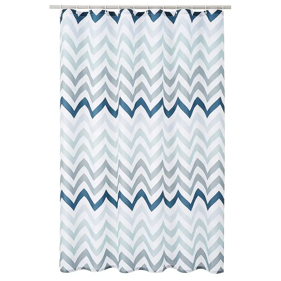 Amazon Basics Bathroom Shower Curtain, Water Resistant Fabric with Grommets & Hooks, Machine Washable, 72"x72" , Blue Ombre Chevron