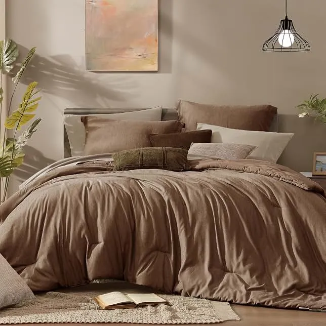 Monbix Queen Comforter Set 7 Pieces Brown Cationic Dyeing Bed in a Bag | Lightweight Reversible All Season Bedding Sets with Comforter, Sheets, Pillowcases & Shams