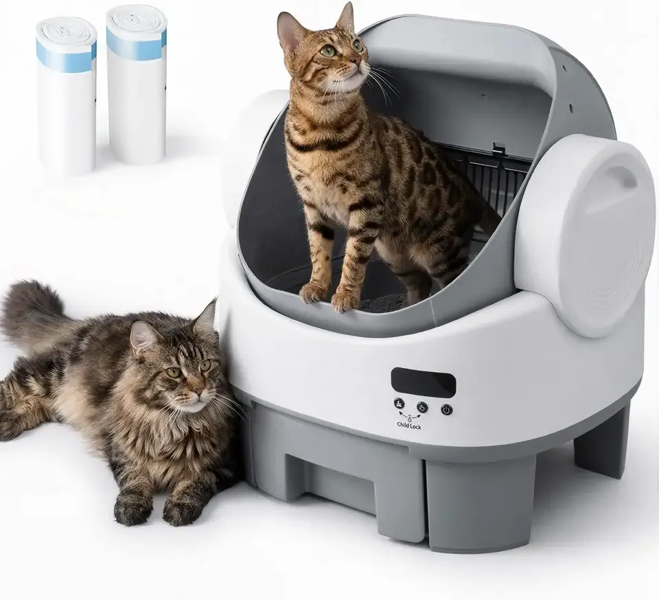 WARCAT Self-Cleaning Cat Litter Box, Open-Top Automatic Litter Box with Child Lock, 10L Large Capacity Waste Drawer, No APP Required, Includes Garbage Bags & Cleaning Mat (Gray & White)