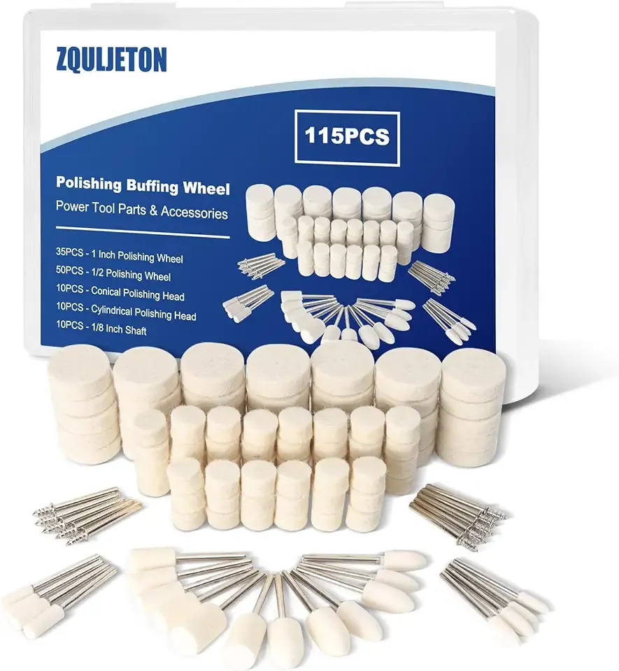 115PCS Polishing Buffing Wheels for Dremel Tool Accessories, 1/8" Shank Polishing Wheels for Dremel Polishing Kit | Professional Wool Restoration & Buffing Kit for Metal, Jewelry, Wood