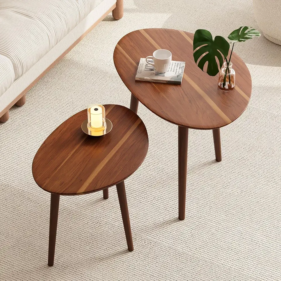 Small Oval Coffee Tables Set,Acacia Wood Tabletop Nesting Tables(25.6"x17.7"+17.7"x13.4" for Living Room Small Spaces Office,Easy Assembly Minimalist Walnut Mid Century Modern Coffee Table
