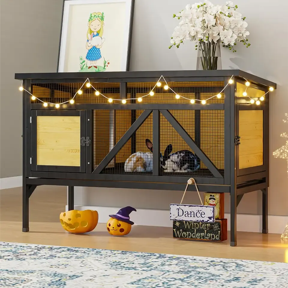TIMHAKA 46.7" Rabbit Cage Elevated Bunny Cage Indoor, Outdoor Rabbit Hutch Hamster Cages for Small Animals, Wooden Guinea Pig Cages with Removable Tray & Waterproof Asphalt Roof & Bottom Wire Mesh