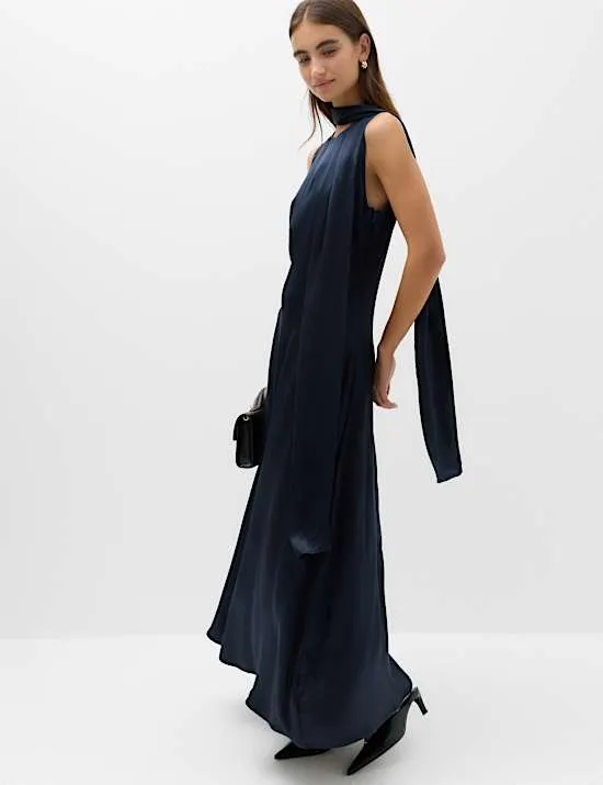 Satin Scarf Detail Satin Midaxi Column Dress
