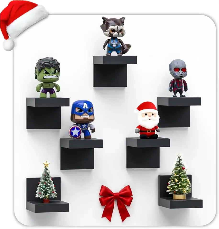 7-Pack Small Floating Shelves for Wall by RicherHouse, Plastic Black Shelf 4 Inch Display Ledges Room Decor, Mini with 2 Types of Installation (Adhesive or Screw)