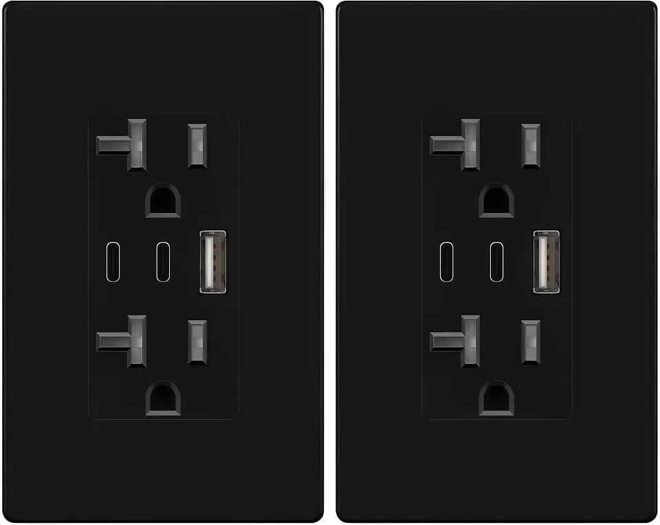 TOPGREENER 4.2A Dual Type C&A USB Wall Outlet, Charging Power Receptacle | 21W, 20Amp, Black, 2 Pack, Screwless Wall Plate, UL Listed, Commercial Grade, Tamper-Resistant Child-Safe, 3-year Support
