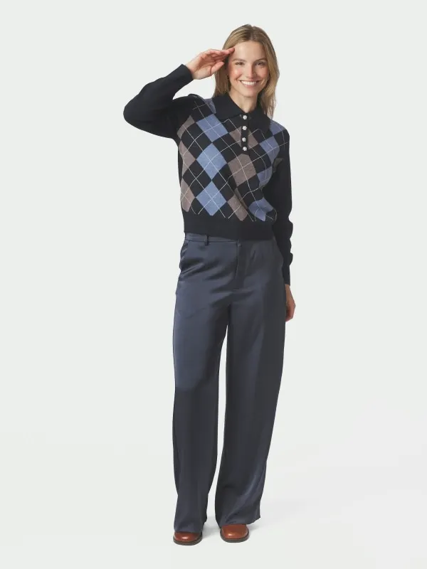 Julina Check Knit Blouse Navy