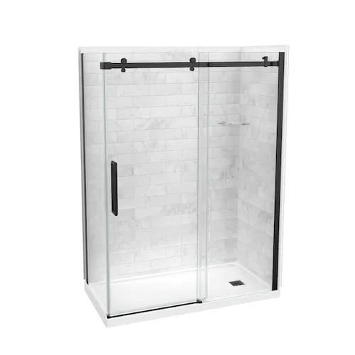 Utile 60L x 32W x 84H in. 3-in-1 Shower Kit - Shower Stall Enclosure with Right Drain Base, Wall, and Glass Shower Door in Black