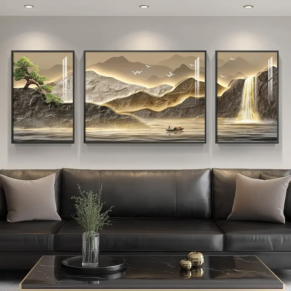 Framed Mountain Wall Art for Living Room, 3 Piece Brown Landscape Painting Prints, Modern Luxury Bright Style Pine Tree Waterfall Artwork for Dining Room,Hallway Office Wall Decor