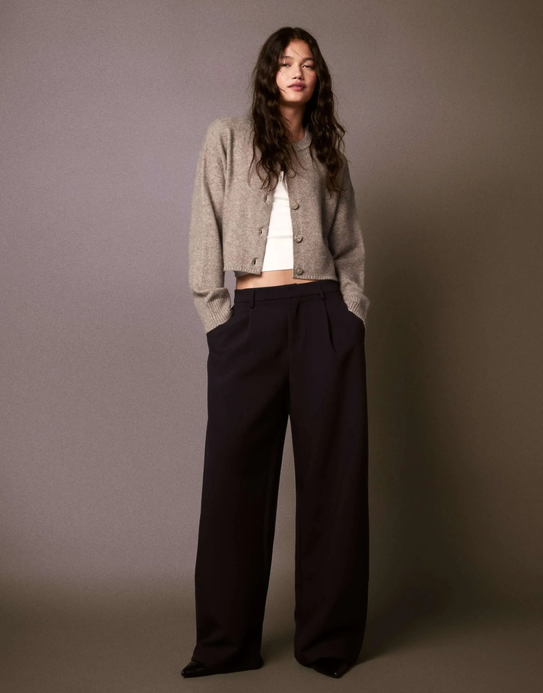 Bershka Round neck button-up knit cardigan in grey