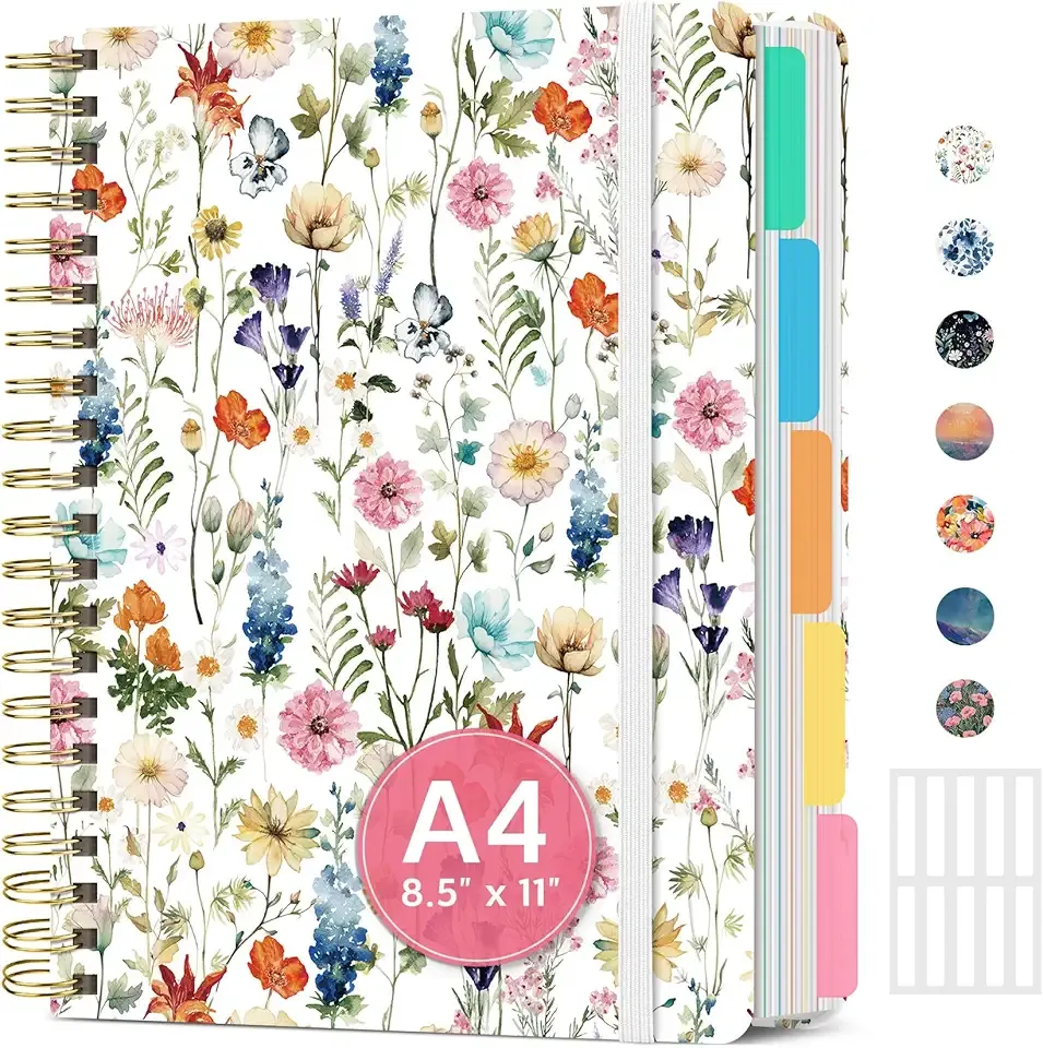Large Spiral Lined Notebooks for Work with Removable Dividers & Tabs, 8.5"x11" Pretty Hardcover 5 Subject Notebook Journal for Women, College Ruled, Perfect for Study & Office Organization, 280 Pages,Wildflowers