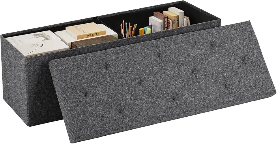 43in Foldable Storage Ottoman – Large Storage Chest & Padded Seat Bench Foot Rest Stool, 660lbs Load Capacity, Grey for Entryway, Living Room & Bedroom