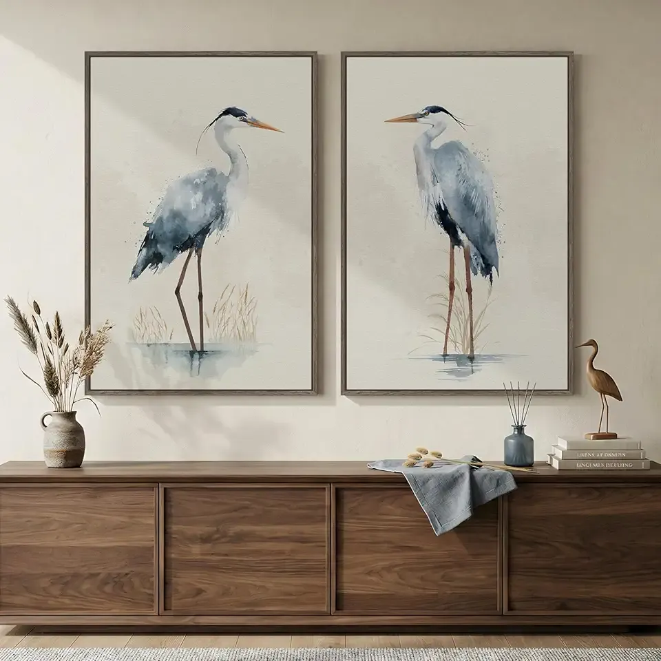 Large Framed Vintage Bird Wall Art, 2 Piece Neutral Blue Heron Canvas Painting Prints, Minimalist Farmhouse Vertical Coastal Heron Artwork for Living Room Office Kitchen Hallway Wall Decor, 24x36