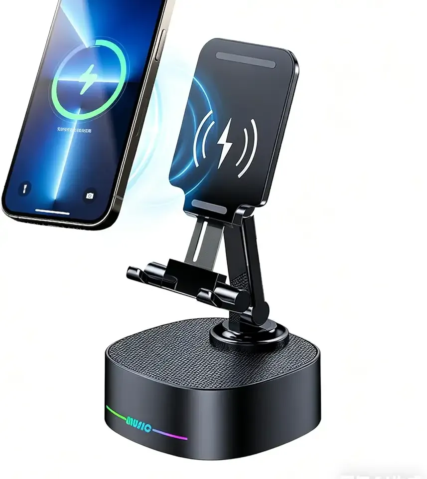 Bluetooth Speaker with Wireless Charging and Cell Phone Stand,Best Speaker Stand for iPhone/iPad/Samsung Galaxy,HD Surround Sound Perfect for Home and Outdoors,Creative Gift (Black)
